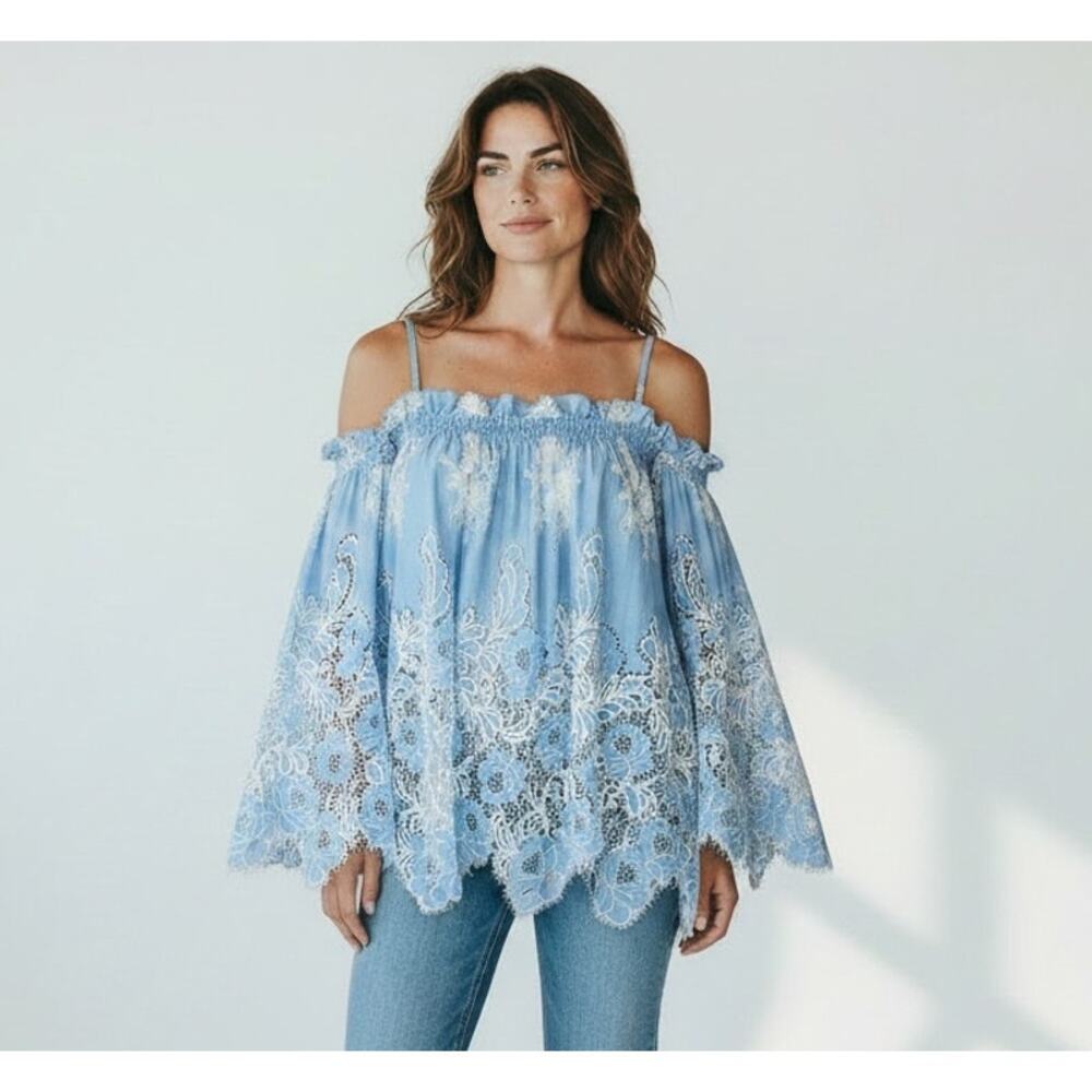 Valerie Khalfon Paris Oren Blue Lace Off Shoulder Blouse Boho Resort Medium Size